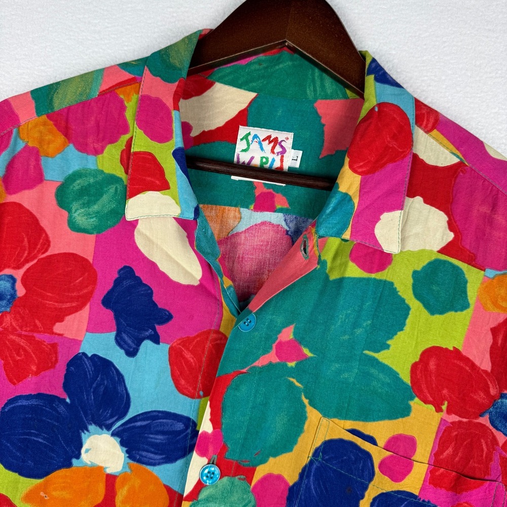 Vintage Jams World Button Up Shirt Mens L Watercolor Floral Abstract Aloha